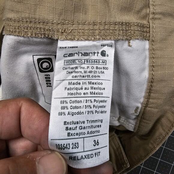 Carhartt Force Canvas Carpenter Shorts 36x11 Tan Ripstop Workwear Outdoors - Picture 7 of 13